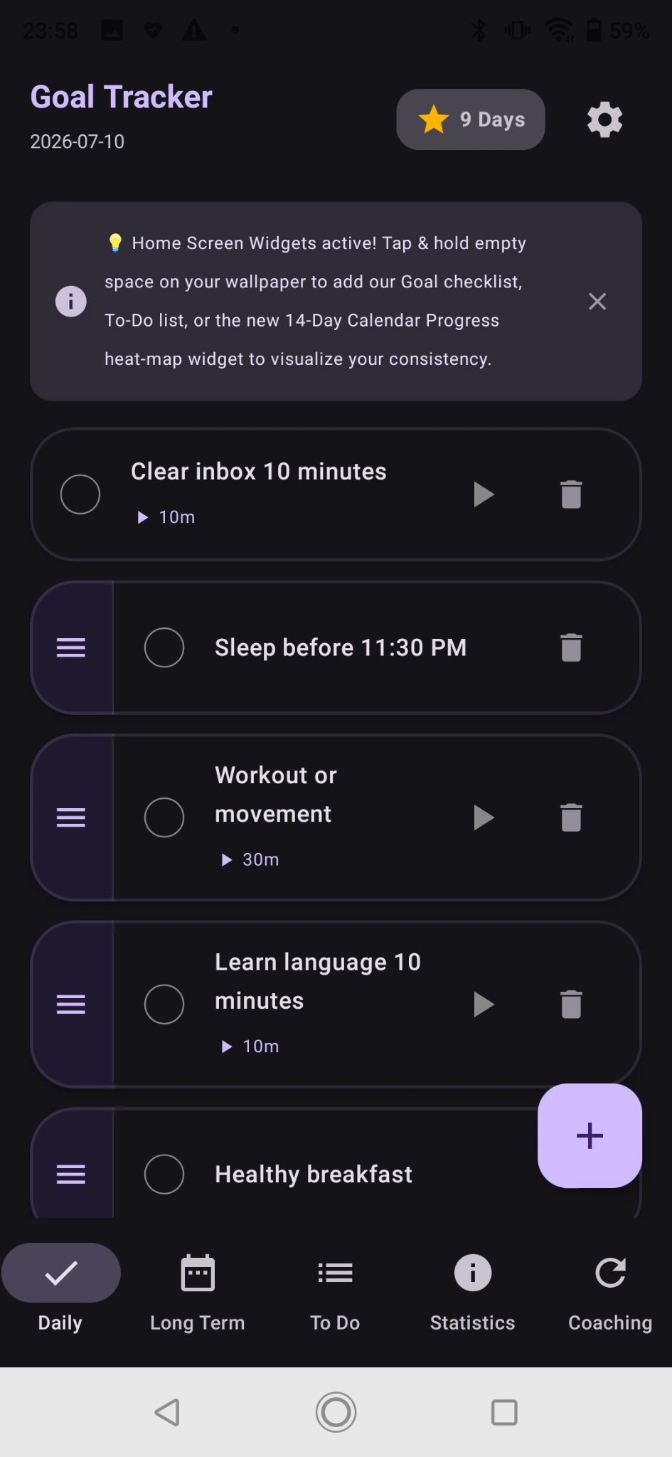 Daily goals dark theme