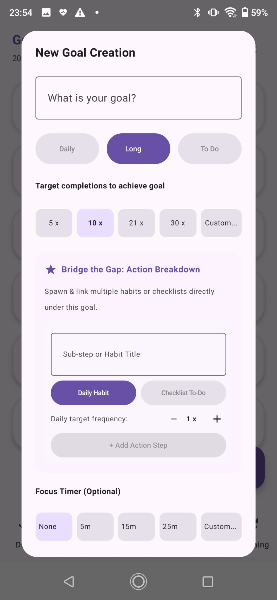 New goal creation screen