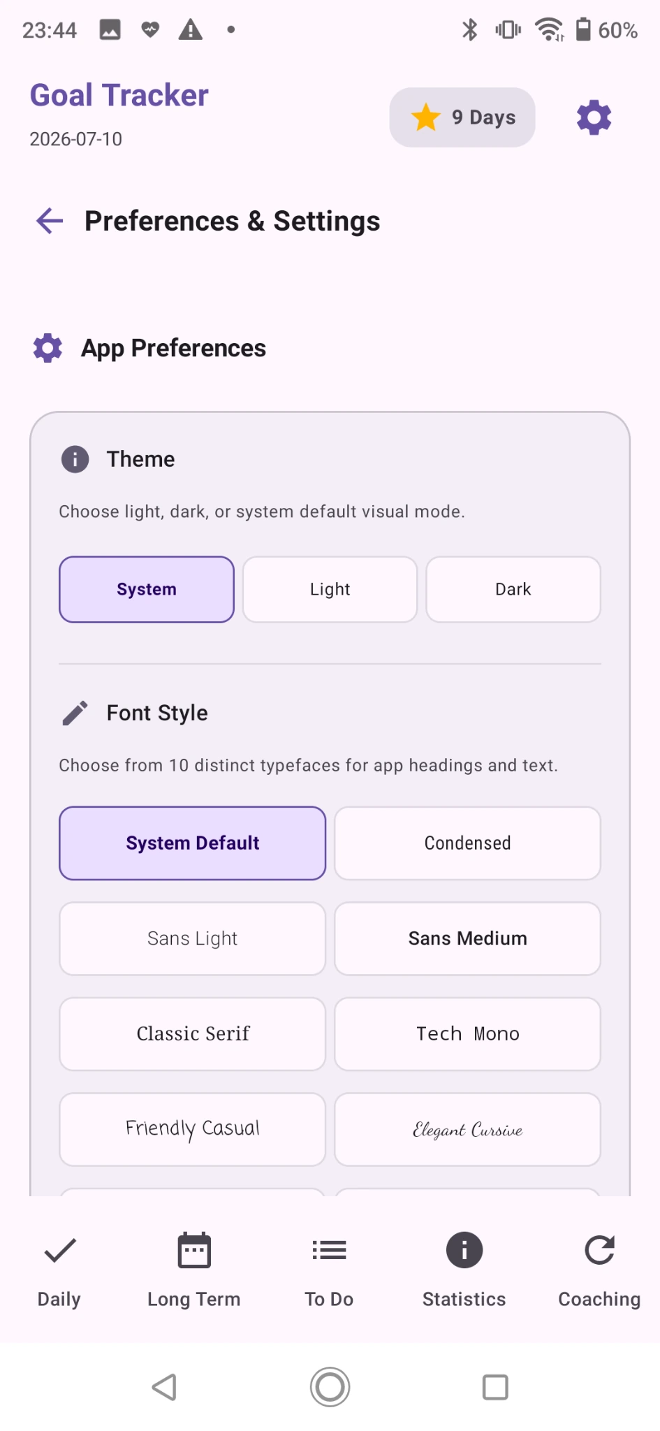 Settings screen
