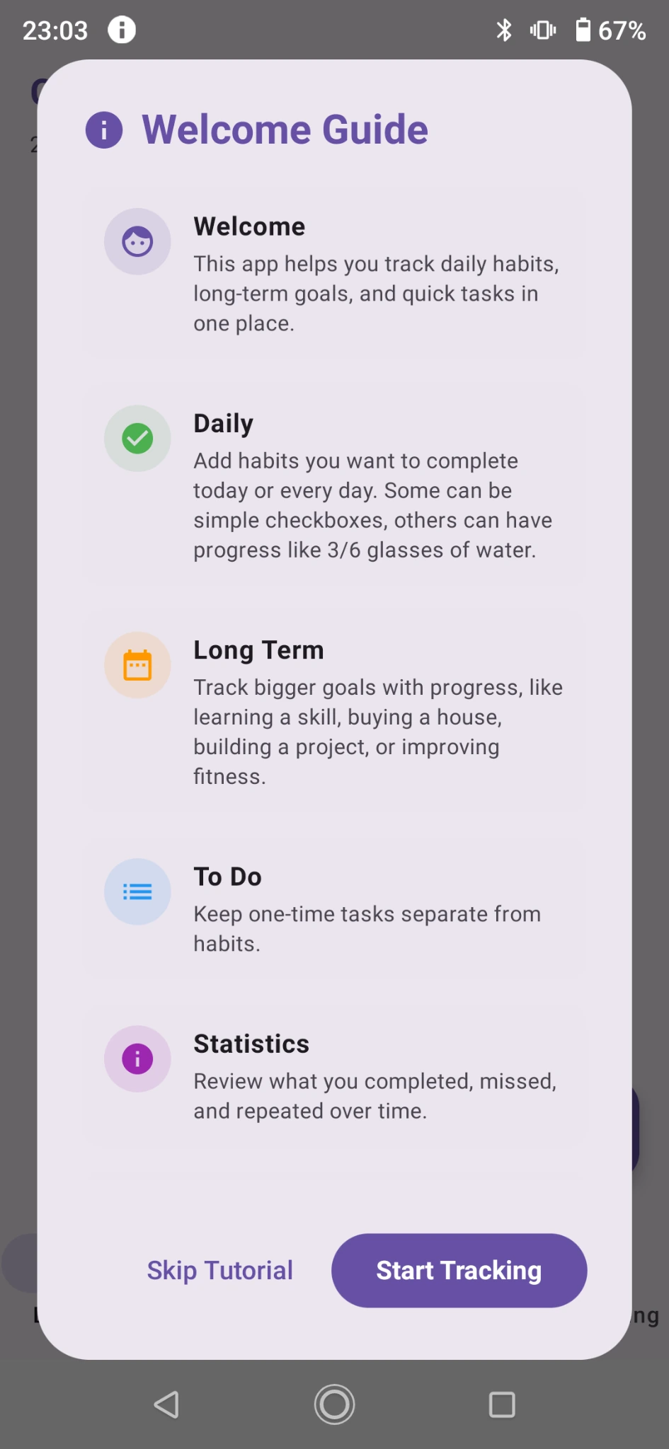 Welcome guide screen